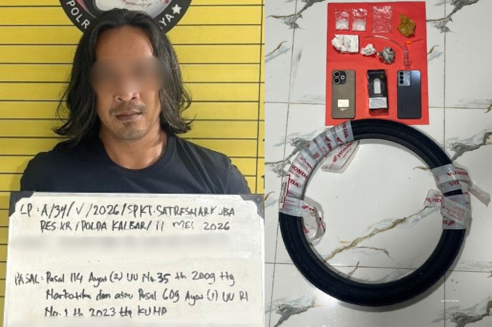 RH (41), beserta barang bukti sabu seberat bruto 19,7 gram ditangkap Tim Labubu Satresnarkoba Polres Kubu Raya, saat membawa sabu yang dimasukan di dalam ban untuk dibawa ke wilayah Batu Ampar. Foto: Istimewa
