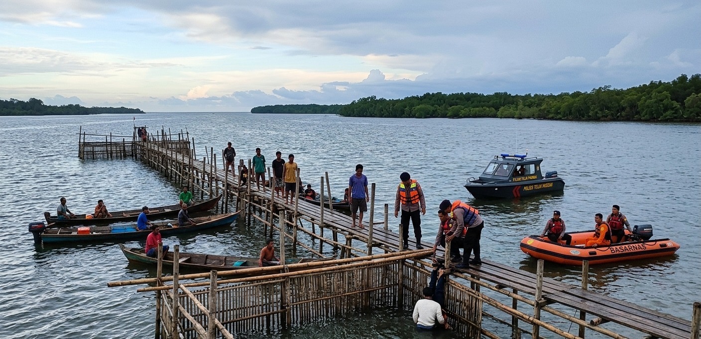 Tim SAR Gabungan yang terdiri dari Basarnas, personel Polsek Teluk Pakedai, serta dibantu masyarakat melakukan evakuasi jenazah Ikbal (28), warga Dusun Swadaya, Desa Selat Remis, Kecamatan Teluk Pakedai yang ditemukan meninggal dunia saat memancing di perairan Kuala Balai, Kabupaten Kubu Raya. Foto: Istimewa