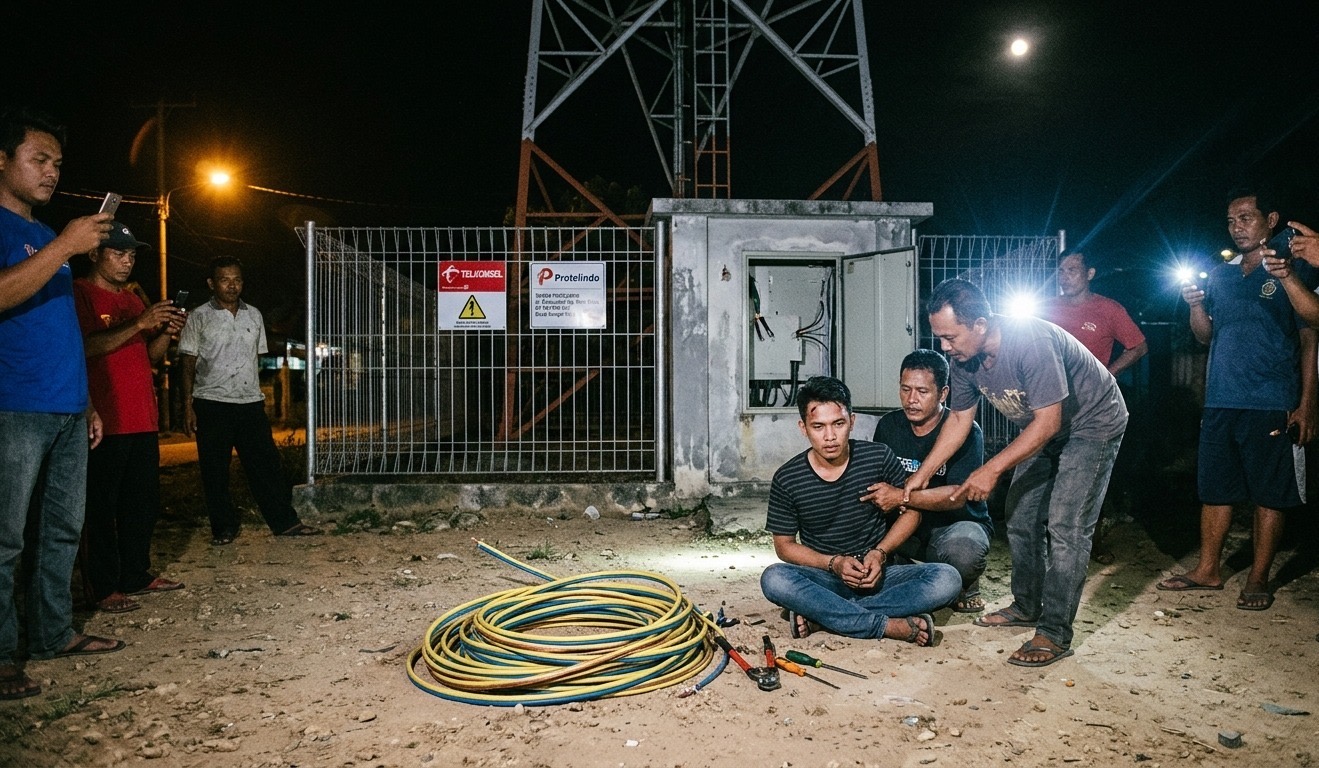 Terduga pencuri kabel milik Telkomsel, RM diringkus warga saat melaksanakan aksinya Jalan Adisucipto Gang Bina Raya, Desa Sungai Raya, Kecamatan Sungai Raya, Kabupaten Kubu Raya. Foto: Istimewa