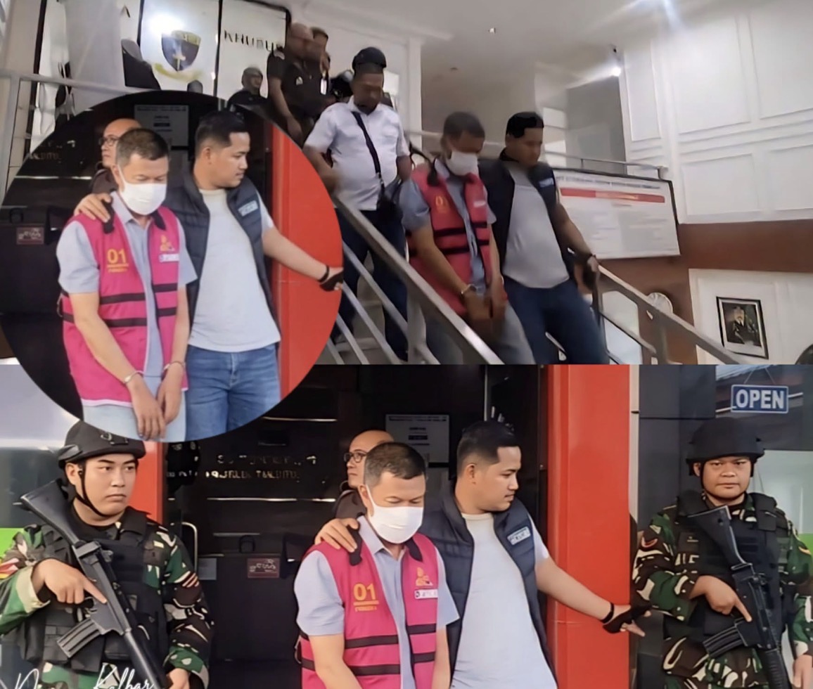 Petugas Kejaksaan Negeri Sintang menggiring tersangka HY usai penetapan status tersangka dalam kasus dugaan korupsi di Perumdam Tirta Senentang. HY diduga menggelapkan uang pelanggan selama sekitar 15 tahun dengan kerugian negara mencapai sekitar Rp5 miliar. Foto: Istimewa