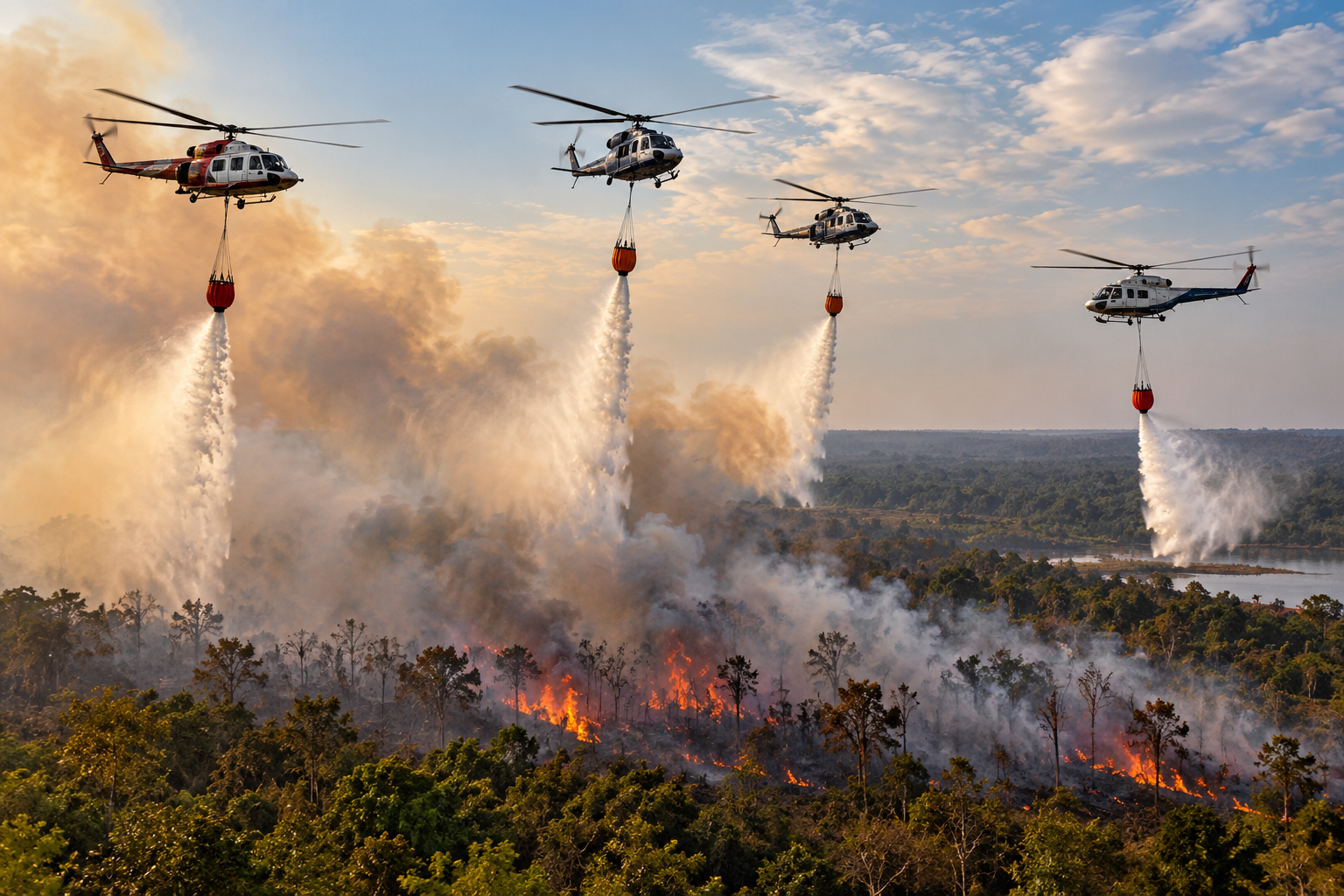 Empat helikopter water bombing disiagakan untuk mendukung penanganan kebakaran hutan dan lahan. Ilustrasi AI.